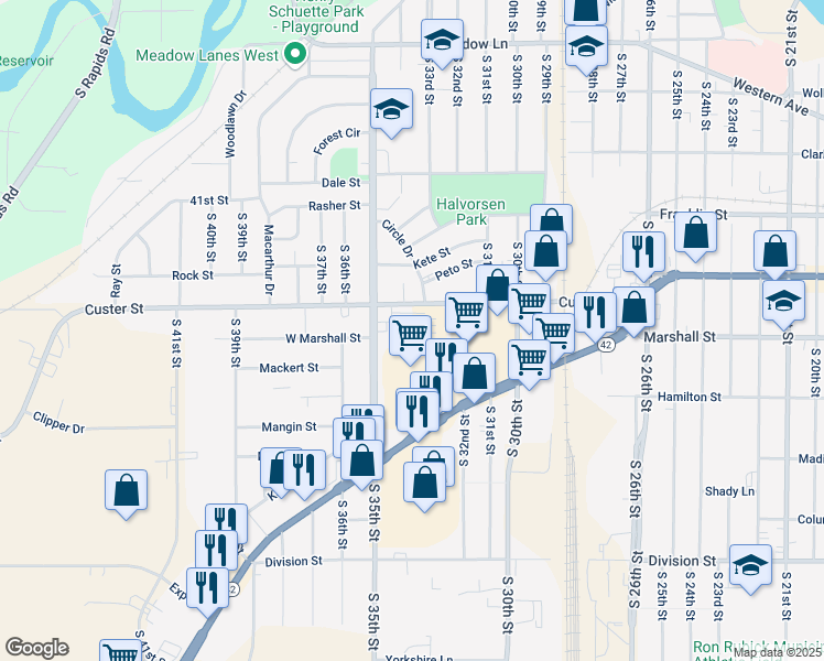 map of restaurants, bars, coffee shops, grocery stores, and more near 3415 Custer Street in Manitowoc