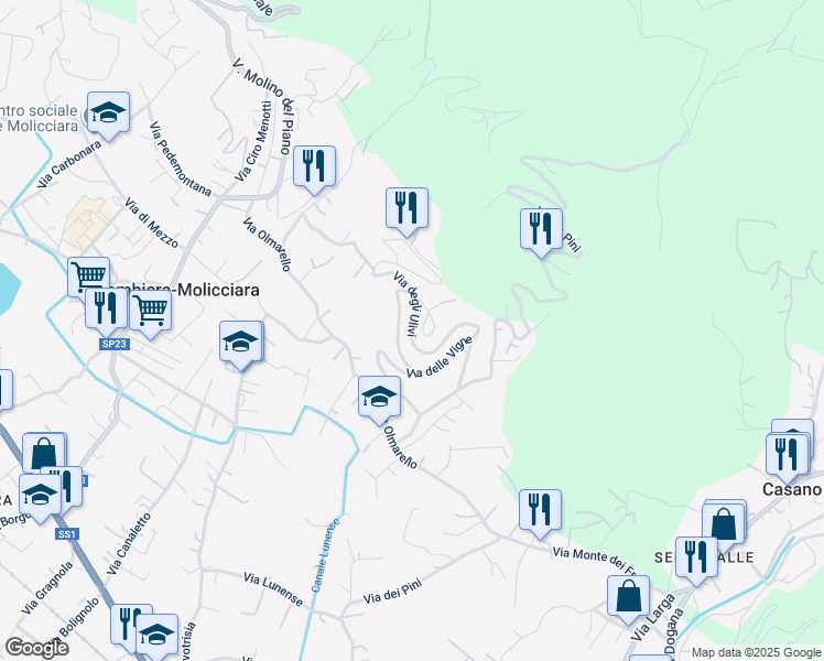 map of restaurants, bars, coffee shops, grocery stores, and more near 1 Via degli Ulivi in Provincia della Spezia