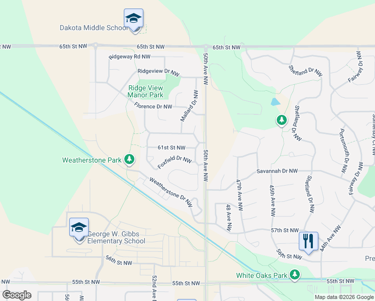 map of restaurants, bars, coffee shops, grocery stores, and more near 5111 61st Street Northwest in Rochester