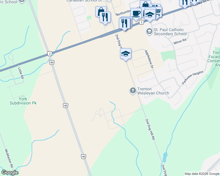 map of restaurants, bars, coffee shops, grocery stores, and more near 27 Parkland Circle in Quinte West