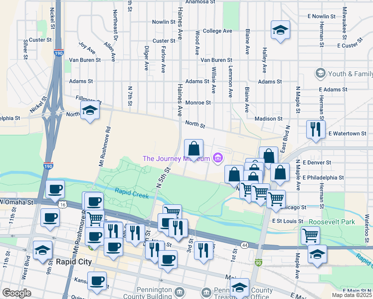map of restaurants, bars, coffee shops, grocery stores, and more near 302 Denver Street in Rapid City