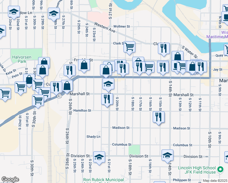 map of restaurants, bars, coffee shops, grocery stores, and more near 1025 South 20th Street in Manitowoc