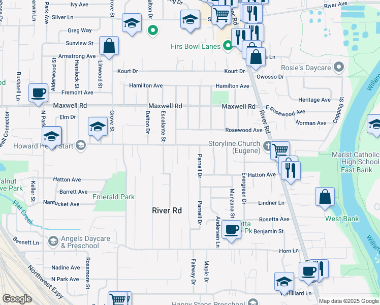 map of restaurants, bars, coffee shops, grocery stores, and more near 350 Howard Avenue in Eugene