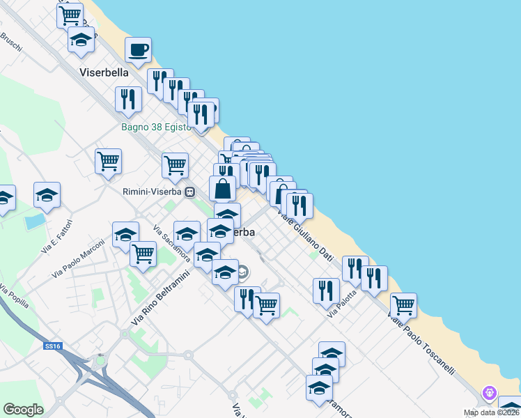 map of restaurants, bars, coffee shops, grocery stores, and more near 57 Viale Giuliano Dati in Rimini
