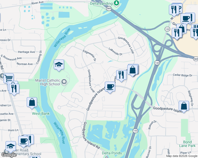map of restaurants, bars, coffee shops, grocery stores, and more near 2026 Lake Isle Drive in Eugene