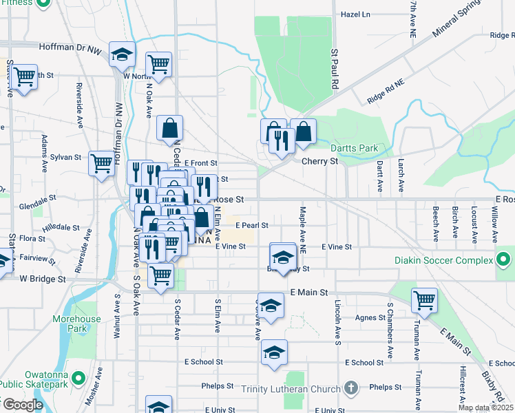map of restaurants, bars, coffee shops, grocery stores, and more near 252 North Grove Avenue in Owatonna