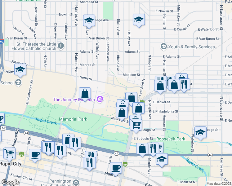 map of restaurants, bars, coffee shops, grocery stores, and more near 121 North Street in Rapid City