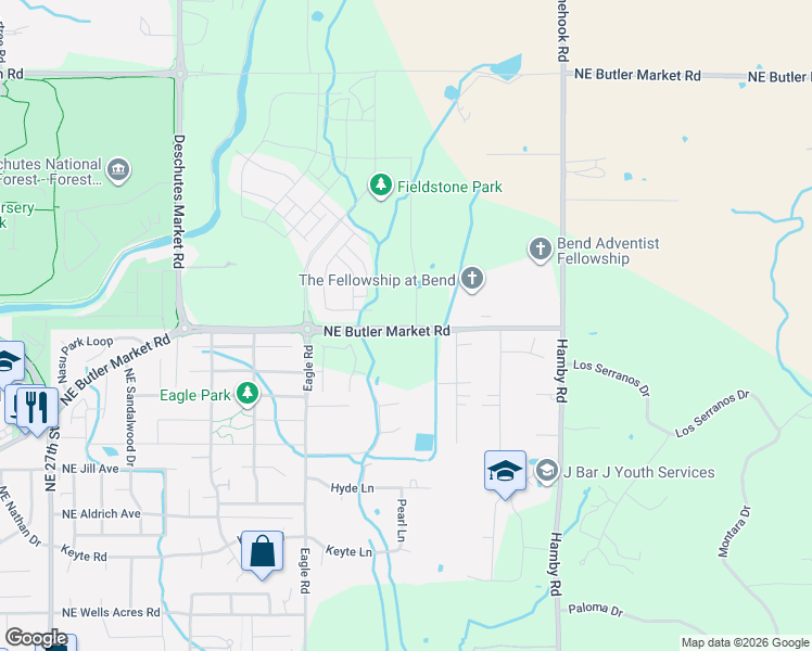 map of restaurants, bars, coffee shops, grocery stores, and more near 21460 NE Butler Market Rd in Bend