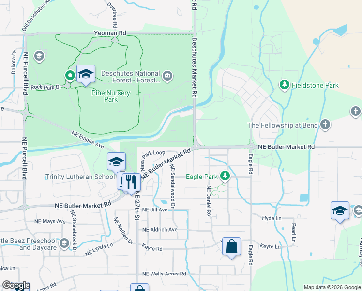 map of restaurants, bars, coffee shops, grocery stores, and more near 63012 Northeast Amherst Place in Bend