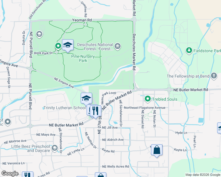 map of restaurants, bars, coffee shops, grocery stores, and more near 21242 Thornhill Lane in Bend
