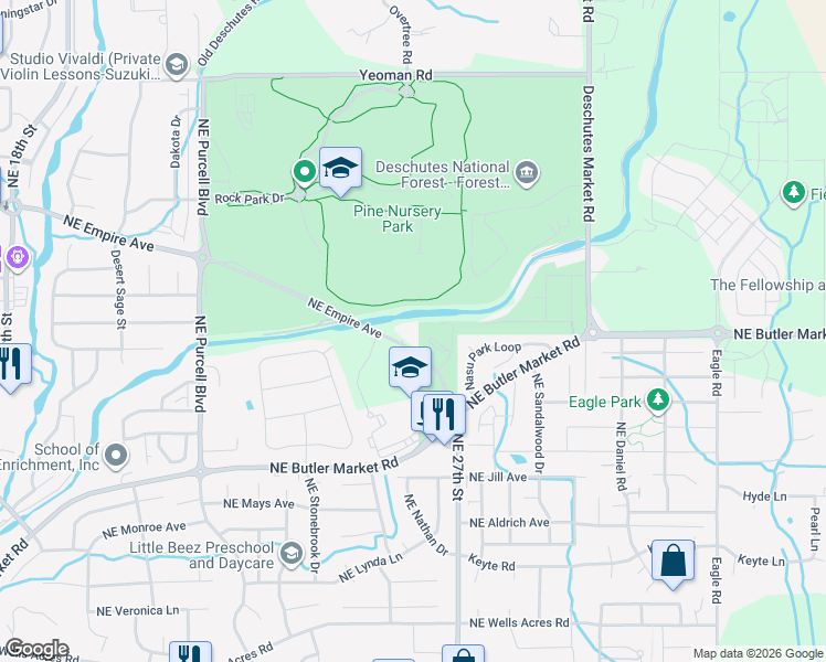 map of restaurants, bars, coffee shops, grocery stores, and more near 2680 NE Butler Market Rd in Bend