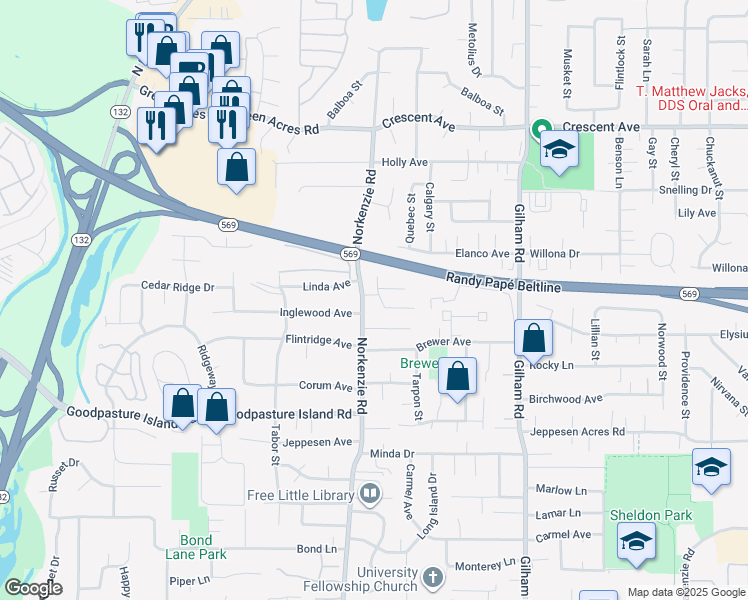 map of restaurants, bars, coffee shops, grocery stores, and more near 2253 Donovan Drive in Eugene