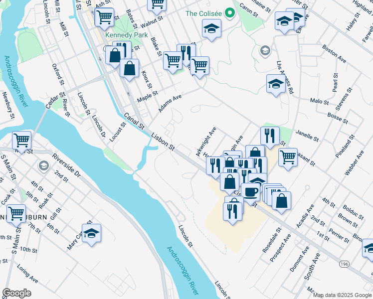 map of restaurants, bars, coffee shops, grocery stores, and more near 3 Garnett Avenue in Lewiston