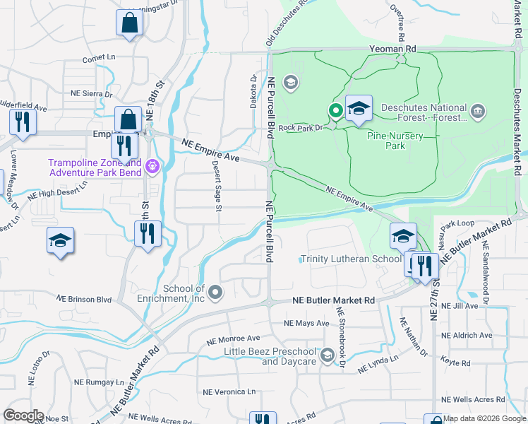 map of restaurants, bars, coffee shops, grocery stores, and more near 63100 Northeast Purcell Boulevard in Bend