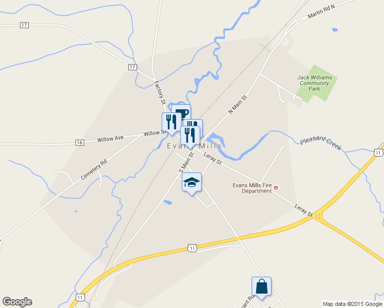 map of restaurants, bars, coffee shops, grocery stores, and more near 8700 South Main Street in Evans Mills