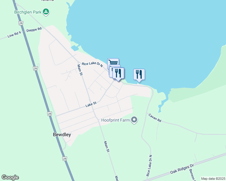 map of restaurants, bars, coffee shops, grocery stores, and more near 5073 Oak Street in Bewdley