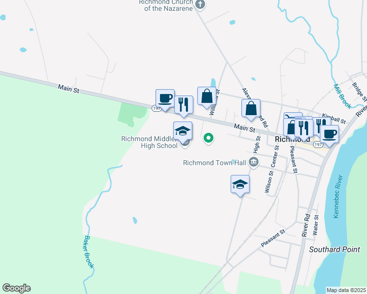 map of restaurants, bars, coffee shops, grocery stores, and more near 132 Main Street in Richmond