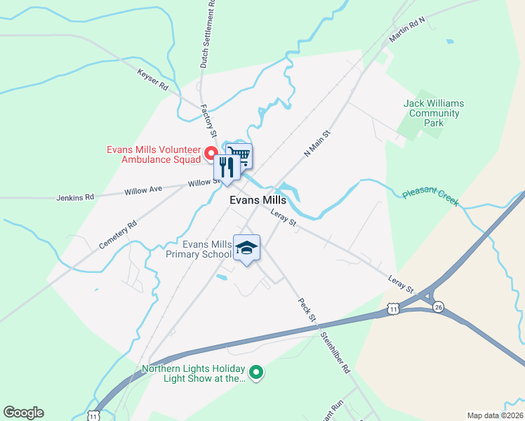 map of restaurants, bars, coffee shops, grocery stores, and more near 8496 Leray Street in Evans Mills