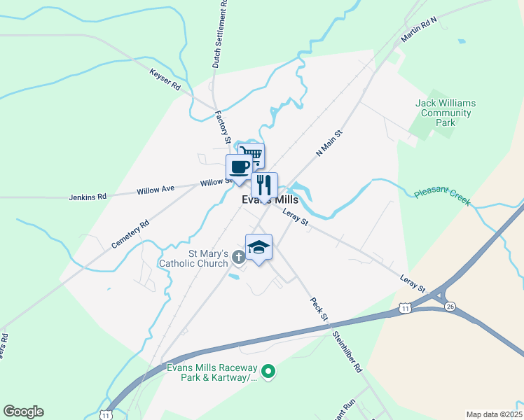 map of restaurants, bars, coffee shops, grocery stores, and more near 8925 South Main Street in Evans Mills