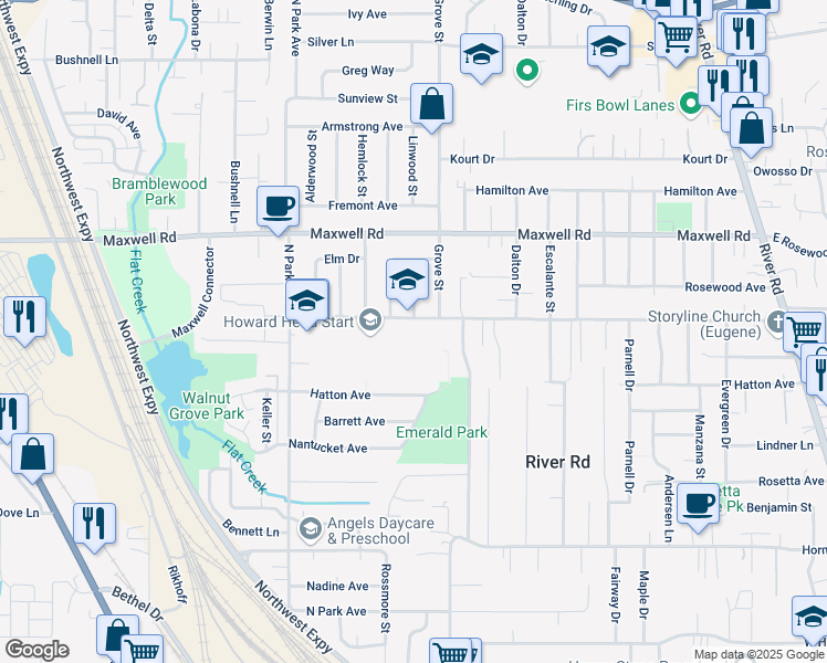 map of restaurants, bars, coffee shops, grocery stores, and more near 700 Howard Avenue in Eugene