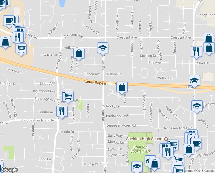 map of restaurants, bars, coffee shops, grocery stores, and more near 2145 Elysium Avenue in Eugene