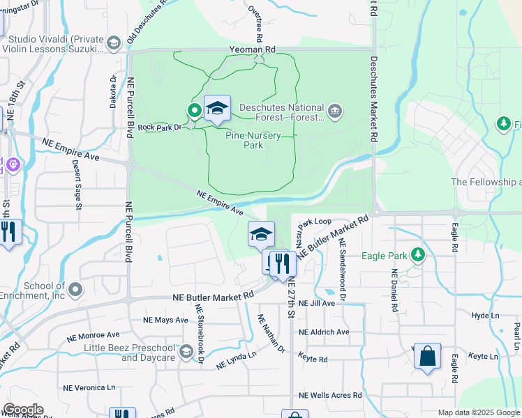 map of restaurants, bars, coffee shops, grocery stores, and more near 21206 Thornhill Lane in Bend