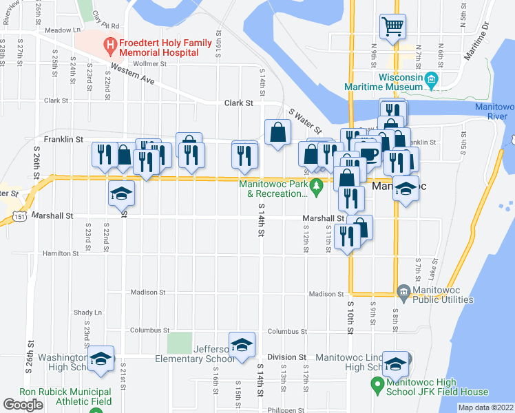 map of restaurants, bars, coffee shops, grocery stores, and more near 1028 South 14th Street in Manitowoc
