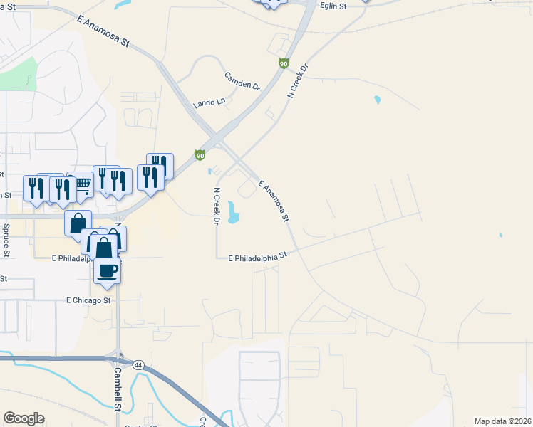 map of restaurants, bars, coffee shops, grocery stores, and more near 1755 East Anamosa Street in Rapid City