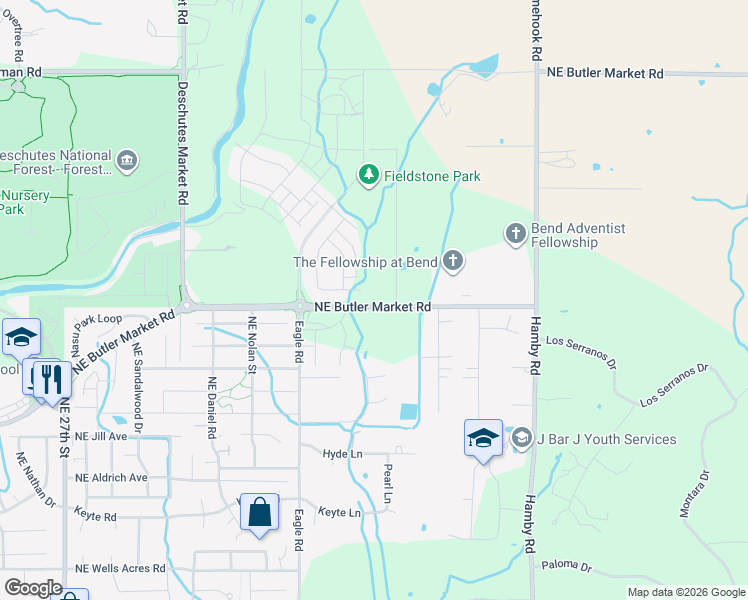 map of restaurants, bars, coffee shops, grocery stores, and more near 21444 Northeast Butler Market Road in Bend