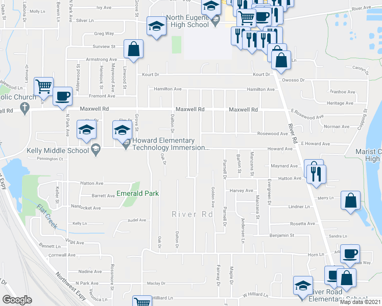 map of restaurants, bars, coffee shops, grocery stores, and more near 449 Howard Avenue in Eugene