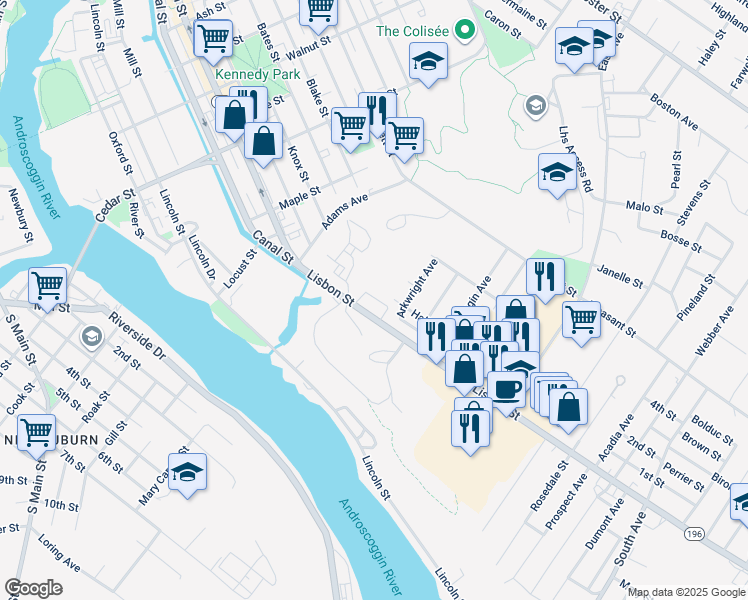 map of restaurants, bars, coffee shops, grocery stores, and more near 3 Garnett Avenue in Lewiston