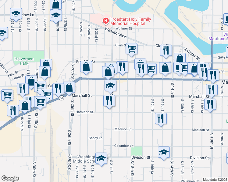 map of restaurants, bars, coffee shops, grocery stores, and more near 1026 South 21st Street in Manitowoc