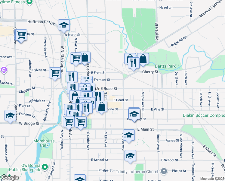 map of restaurants, bars, coffee shops, grocery stores, and more near 236 East Rose Street in Owatonna