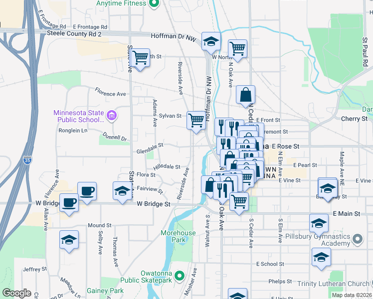 map of restaurants, bars, coffee shops, grocery stores, and more near 400 Hoffman Drive Northwest in Owatonna
