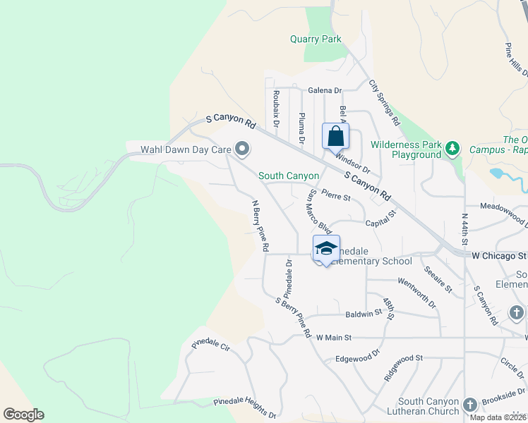 map of restaurants, bars, coffee shops, grocery stores, and more near 309-599 North Berry Pine Road in Rapid City
