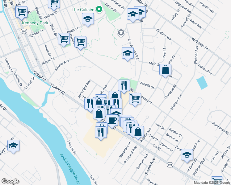 map of restaurants, bars, coffee shops, grocery stores, and more near 85 Cumberland Avenue in Lewiston