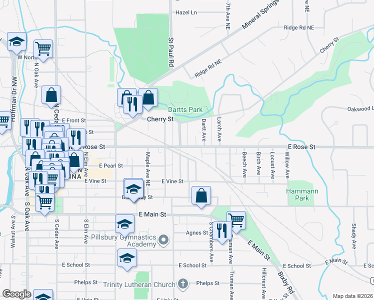 map of restaurants, bars, coffee shops, grocery stores, and more near 548 East Rose Street in Owatonna
