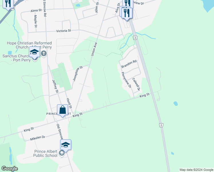 map of restaurants, bars, coffee shops, grocery stores, and more near Robin Trail in Port Perry