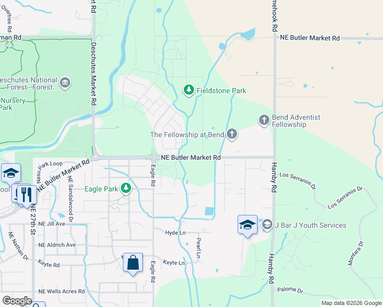 map of restaurants, bars, coffee shops, grocery stores, and more near 21444 Northeast Butler Market Road in Bend
