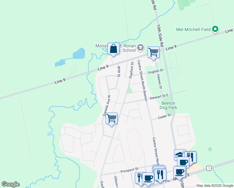 map of restaurants, bars, coffee shops, grocery stores, and more near 72 Carleton Trail in New Tecumseth