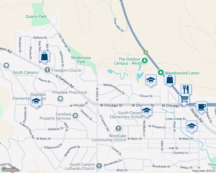 map of restaurants, bars, coffee shops, grocery stores, and more near 4323 Meadowwood Drive in Rapid City