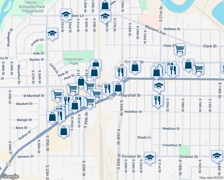 map of restaurants, bars, coffee shops, grocery stores, and more near 2702 Calumet Avenue in Manitowoc