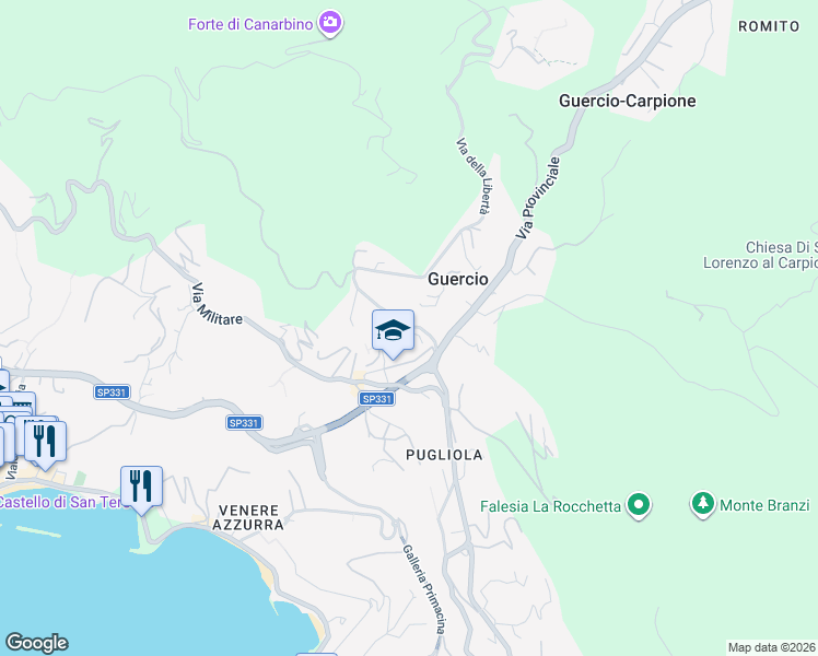 map of restaurants, bars, coffee shops, grocery stores, and more near 3 Località Guercio I Traversa in Lerici