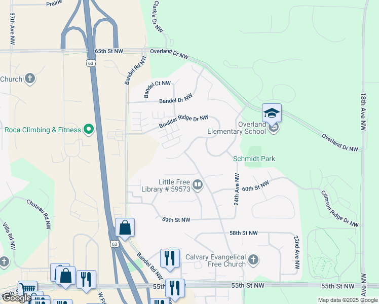 map of restaurants, bars, coffee shops, grocery stores, and more near 2455 Boulder Ridge Drive Northwest in Rochester