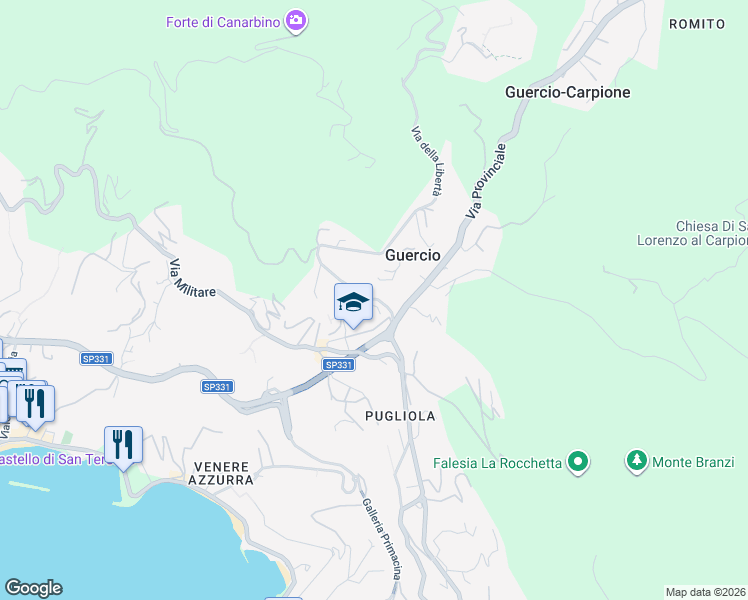 map of restaurants, bars, coffee shops, grocery stores, and more near 3 Località Guercio I Traversa in Lerici