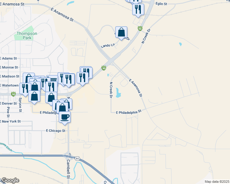 map of restaurants, bars, coffee shops, grocery stores, and more near 1727 East Anamosa Street in Rapid City