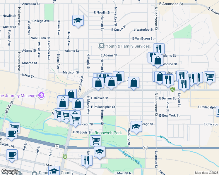 map of restaurants, bars, coffee shops, grocery stores, and more near 206 East North Street in Rapid City