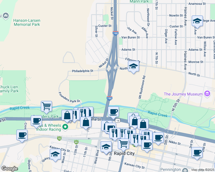 map of restaurants, bars, coffee shops, grocery stores, and more near Interstate 190 in Rapid City
