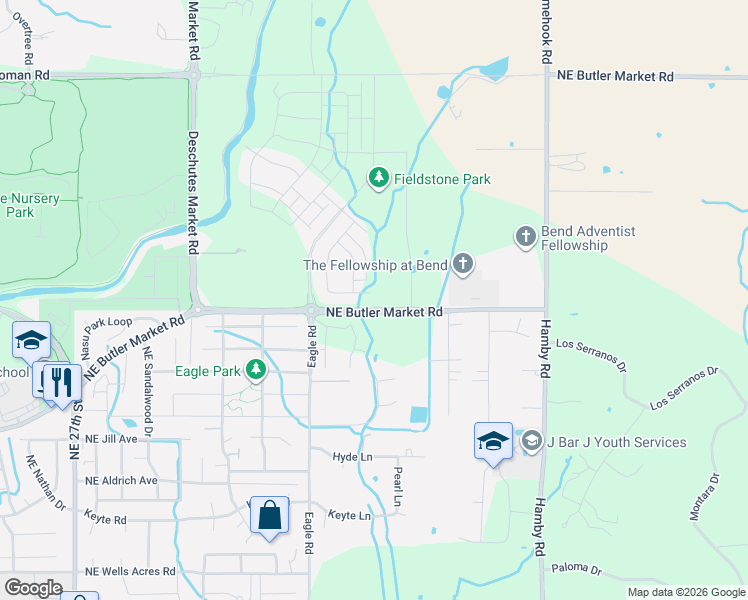 map of restaurants, bars, coffee shops, grocery stores, and more near 21444 Northeast Butler Market Road in Bend