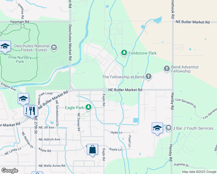 map of restaurants, bars, coffee shops, grocery stores, and more near 63010 Cole Road in Bend
